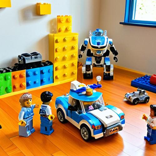 Home 13 **Prompt:** A young child (around 5-7 years old) immersed in imaginative play with a Robocar Poli Lego set. They are actively building and arranging Poli, Amber, Roy, and Helly figures to create a dynamic rescue mission scene in a brightly lit playroom, showcasing the boundless creativity and wonder in their eyes. The scene should be vibrant and full of playful energy.