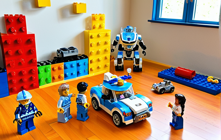 **Prompt:** A young child (around 5-7 years old) immersed in imaginative play with a Robocar Poli Lego set. They are actively building and arranging Poli, Amber, Roy, and Helly figures to create a dynamic rescue mission scene in a brightly lit playroom, showcasing the boundless creativity and wonder in their eyes. The scene should be vibrant and full of playful energy.