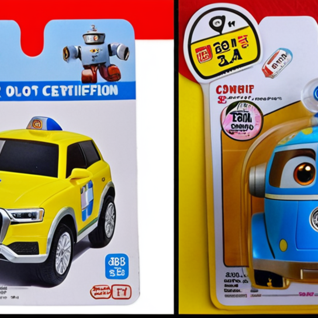 **
A comparison image showcasing a genuine Robocar Poli toy next to a counterfeit one. The genuine toy has a high-quality package with a hologram sticker, smooth and sturdy plastic, and a visible safety certificate. The fake toy's packaging is damaged, lacks a hologram, uses cheap, brittle plastic, and has no safety certification. The price tags also show a significant price difference (higher for genuine).
**