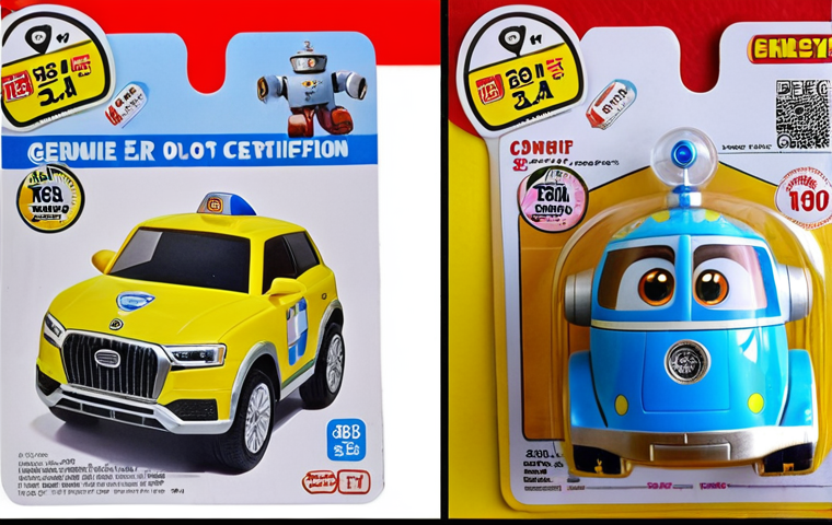 **
A comparison image showcasing a genuine Robocar Poli toy next to a counterfeit one. The genuine toy has a high-quality package with a hologram sticker, smooth and sturdy plastic, and a visible safety certificate. The fake toy's packaging is damaged, lacks a hologram, uses cheap, brittle plastic, and has no safety certification. The price tags also show a significant price difference (higher for genuine).
**