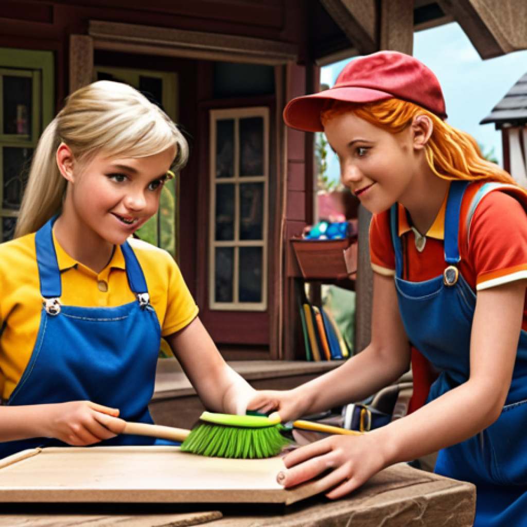 **
Polly, Amber, Roy, and Helly working together using their unique skills and gadgets to solve a problem in Brooms Town. The scene should be bright and cheerful, emphasizing their teamwork and friendship. Polly should be using a new gadget.
**