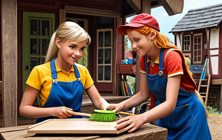 **
Polly, Amber, Roy, and Helly working together using their unique skills and gadgets to solve a problem in Brooms Town. The scene should be bright and cheerful, emphasizing their teamwork and friendship. Polly should be using a new gadget.
**