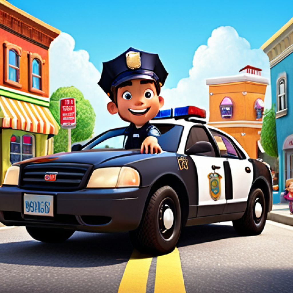 **
A friendly police car named Poli, smiling and ready to help, surrounded by his friends Amber, Roy, and Helly. They are in a bright and colorful town setting, showcasing teamwork and friendship. The style should be cartoonish and appealing to young children.
**