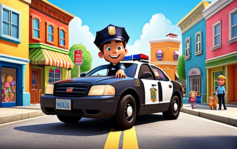 **
A friendly police car named Poli, smiling and ready to help, surrounded by his friends Amber, Roy, and Helly. They are in a bright and colorful town setting, showcasing teamwork and friendship. The style should be cartoonish and appealing to young children.
**