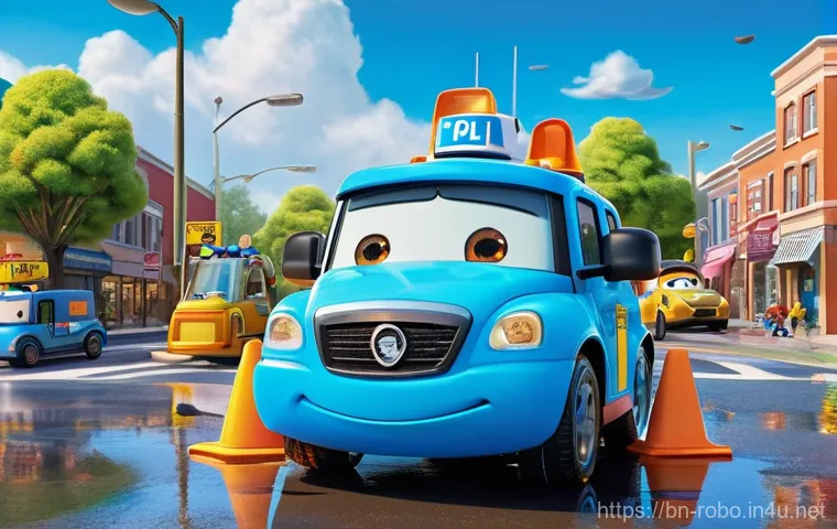 로보카폴리 상품화 비하인드 - **Prompt:** A vibrant, high-angle shot of the Robocar Poli rescue team (Poli, Amber, Roy, and Helly)...