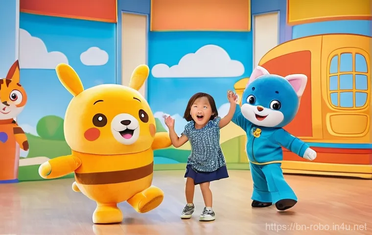 로보카폴리 캐릭터 테마송 - **Joyful Children Dancing with Robocar Poli Characters:**
"A vibrant and colorful scene featurin...