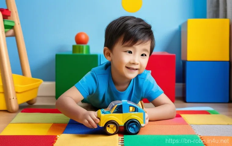 로보카폴리 관련 상품 평가 - **Prompt:** A cheerful 5-year-old boy, dressed in a bright blue t-shirt and shorts, is immersed in i...