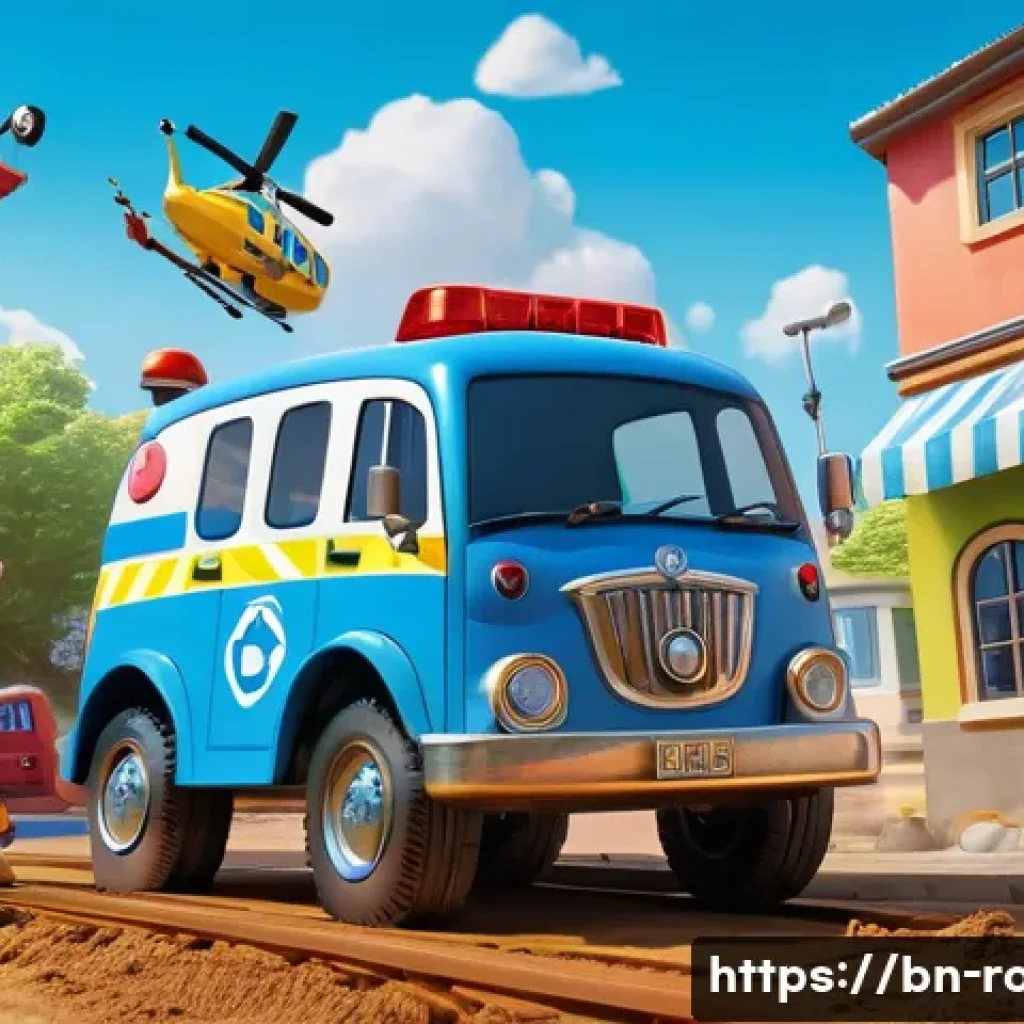 로보카폴리와 창의성 - **Prompt:** A dynamic, action-packed scene of the Robocar Poli rescue team in Brooms Town, working t...