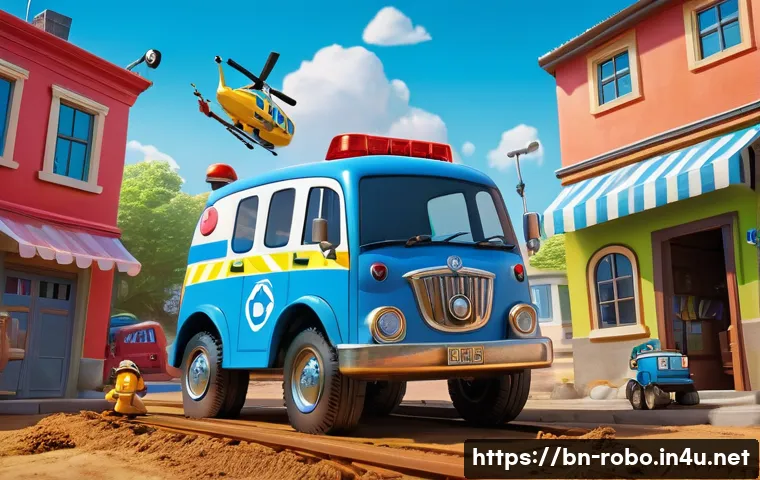 로보카폴리와 창의성 - **Prompt:** A dynamic, action-packed scene of the Robocar Poli rescue team in Brooms Town, working t...